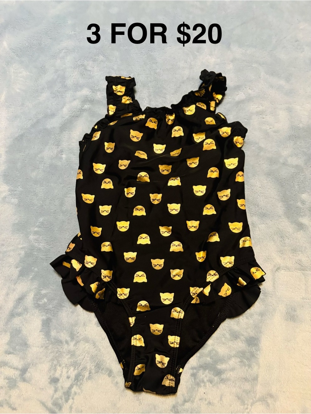 🌟Girl’s size 5 Black and Gold Cat Print Swimsuit with Gold Bow on Back
